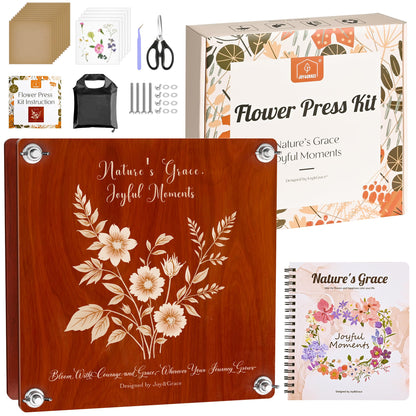 Joy&Grace Large Flower Press Kit for Adults with Designed Cover and DIY Album, 10.9" x 10.9" 10 Layers Plant Press and Plant Drying Toolkit, Flower Preservation Kit (Color Box, Mahogany Color)