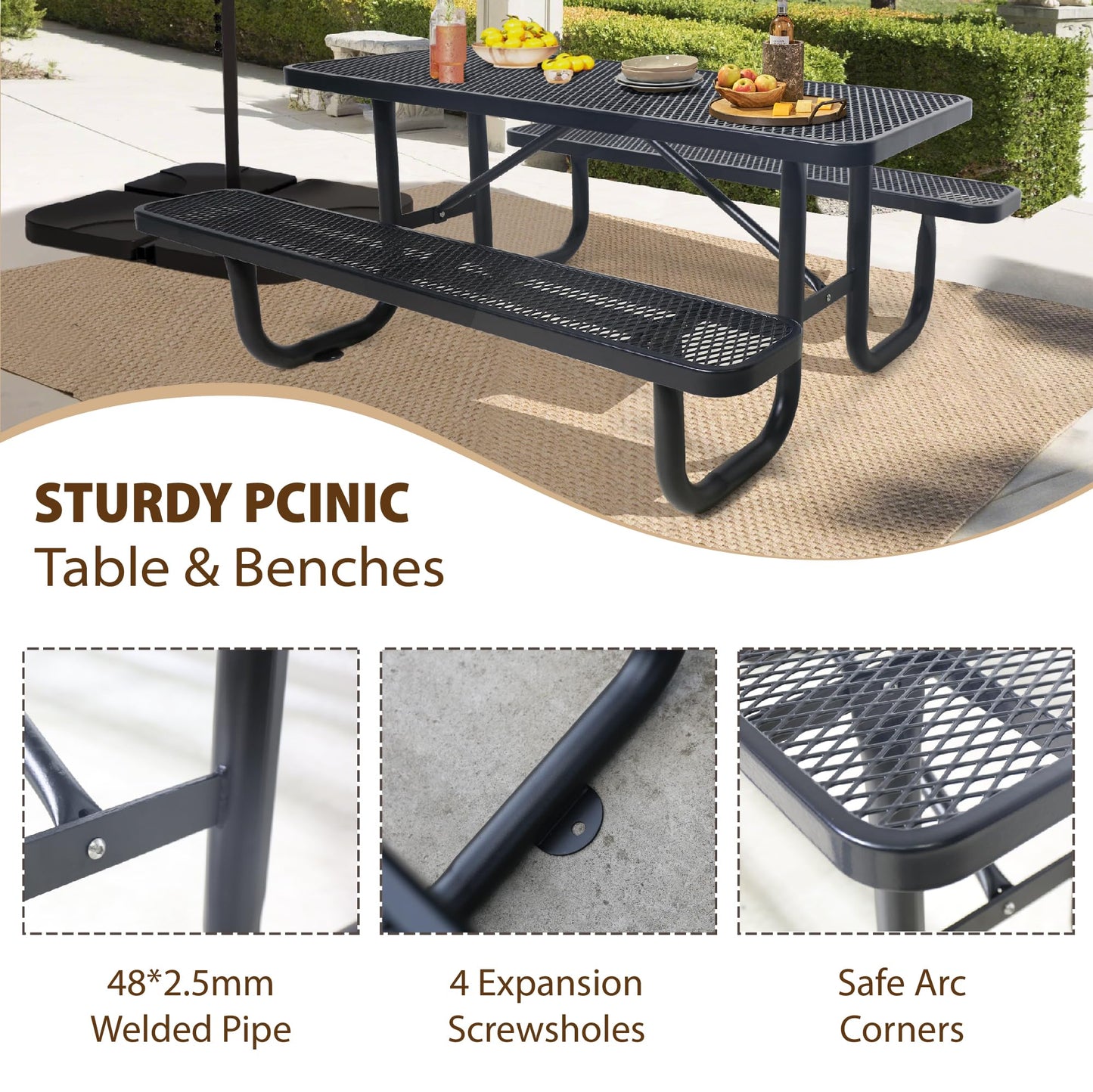 Sunnibety 6FT Metal Picnic Tables for Outdoors, Commercial Rectangular Picnic Table and Bench Set for Outside, Patio, Garden, Backyard, Porch, Surface Mount, Black