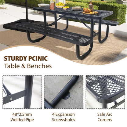 Sunnibety 6FT Metal Picnic Tables for Outdoors, Commercial Rectangular Picnic Table and Bench Set for Outside, Patio, Garden, Backyard, Porch, Surface Mount, Black