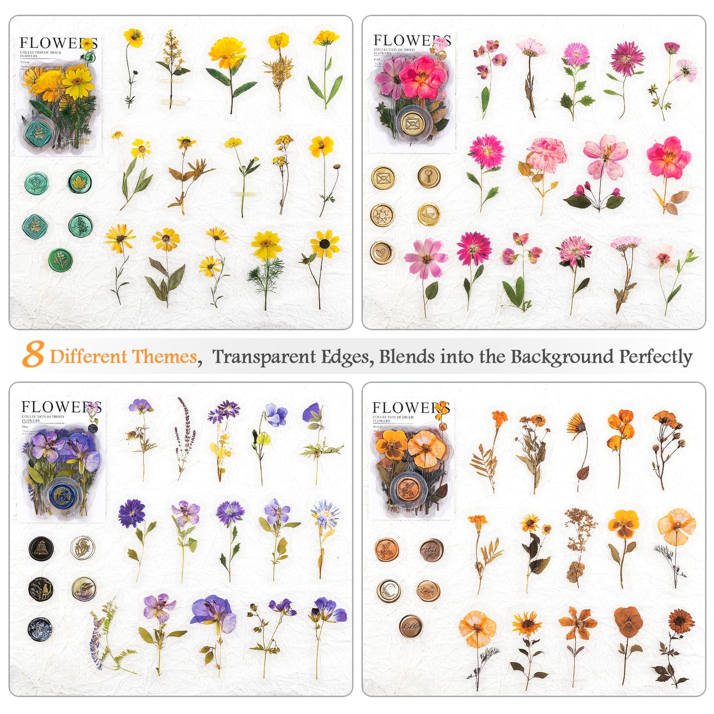 RISYPISY 320PCS Pre-Cut Floral Stickers Set Small Flower Decal Journal Stickers PET Flower Sticker for Adult Card Making Letters DIY, Double Blade Line-Easy to Peel