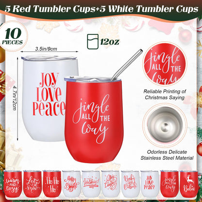 Uiifan 10 Pack Christmas Tumblers Gifts 12 Oz Xmas Funny Tumbler Christmas Stainless Steel Coffee Mugs Set Xmas Insulated Travel Cup with Straw Lid for Family Xmased Holiday Gift (Red White)