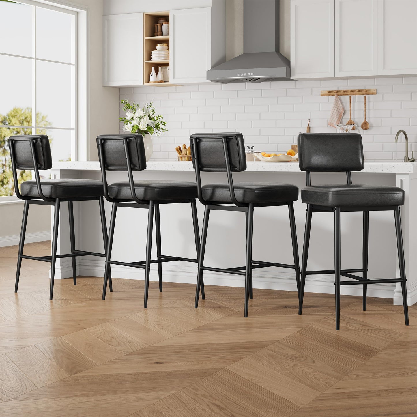 GarveeHome Bar Stools Set of 4, 26" Black Faux Leather Counter Height Bar Stools with Backs, Modern Upholstered Barstool Chairs with Metal Legs for Kitchen Island, Home Bar, Dining Room