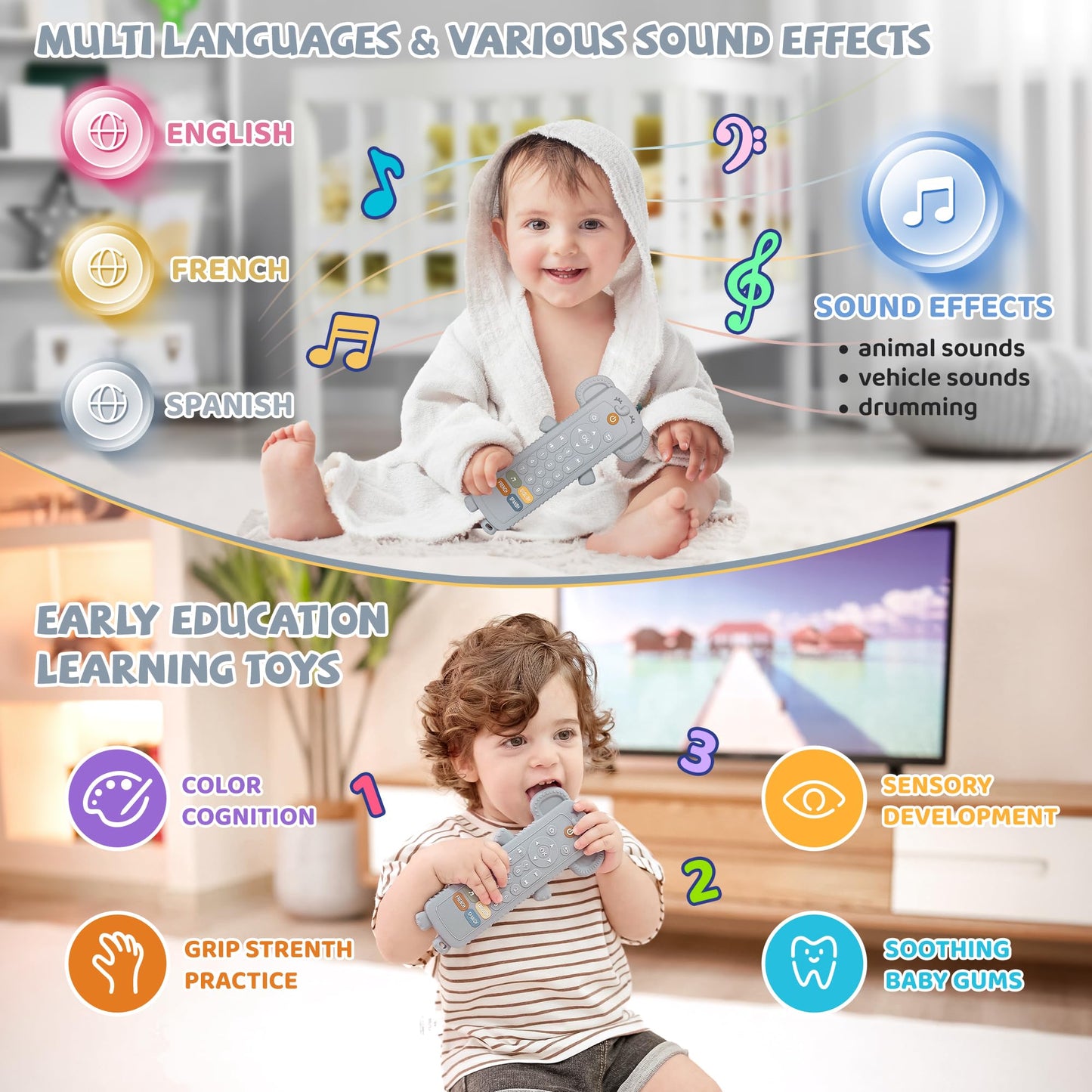 KIRALUMI Baby Remote Control Toy with Silicone Teether Cover - Baby Musical Toys, Early Number Learning in 3 Languages (English, Spanish & French), Preschool Boys Girls Toys Gift 6, 12, 18 Months.