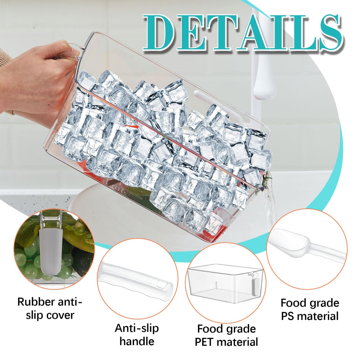 Havawish Ice Storage Bin and Flexible Scoop Set Plastic Freezer Bin with Pull out Handle Storage Bucket Clear for Container with Scoop(Grey,10.83 x 7 x 4.33 In,10.83 x 4.92 x 4.33 in,Classic)