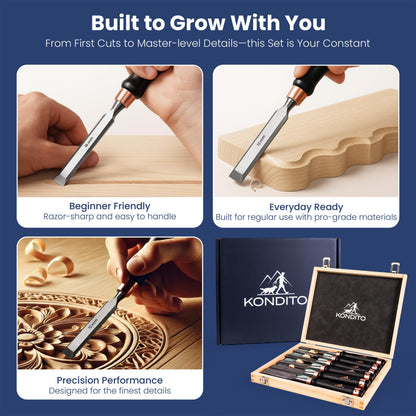 KONDITO Professional Wood Chisel Set – Complete Chisel Kit with 6 CRV60 Steel Blades (6–38mm), 2 Sharpening Stones & Hardwood Case – Wood Carving Chisels for Joinery, Sculpting & Woodworking Tools