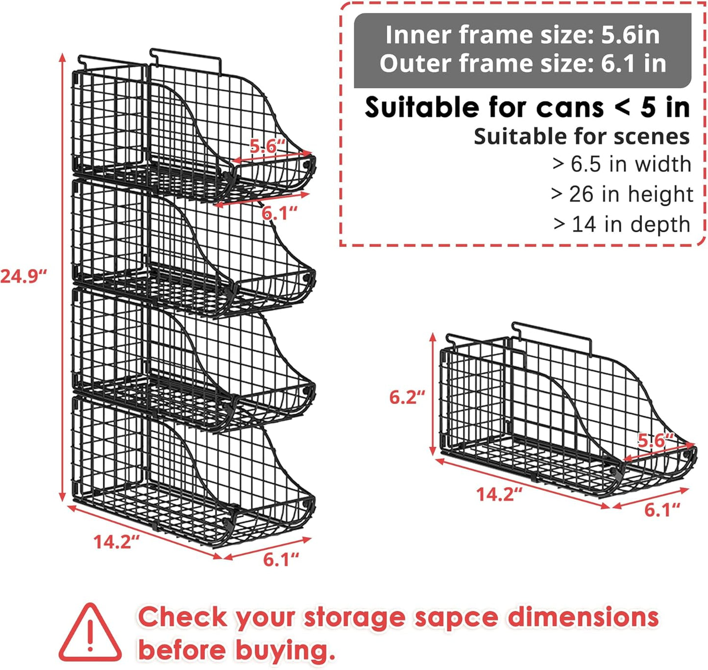 Sonyabecca 4-Pack Stackable Canned Food Organizer with Handles for Kitchen, Soda Can Organizer for Pantry Shelves, Wire