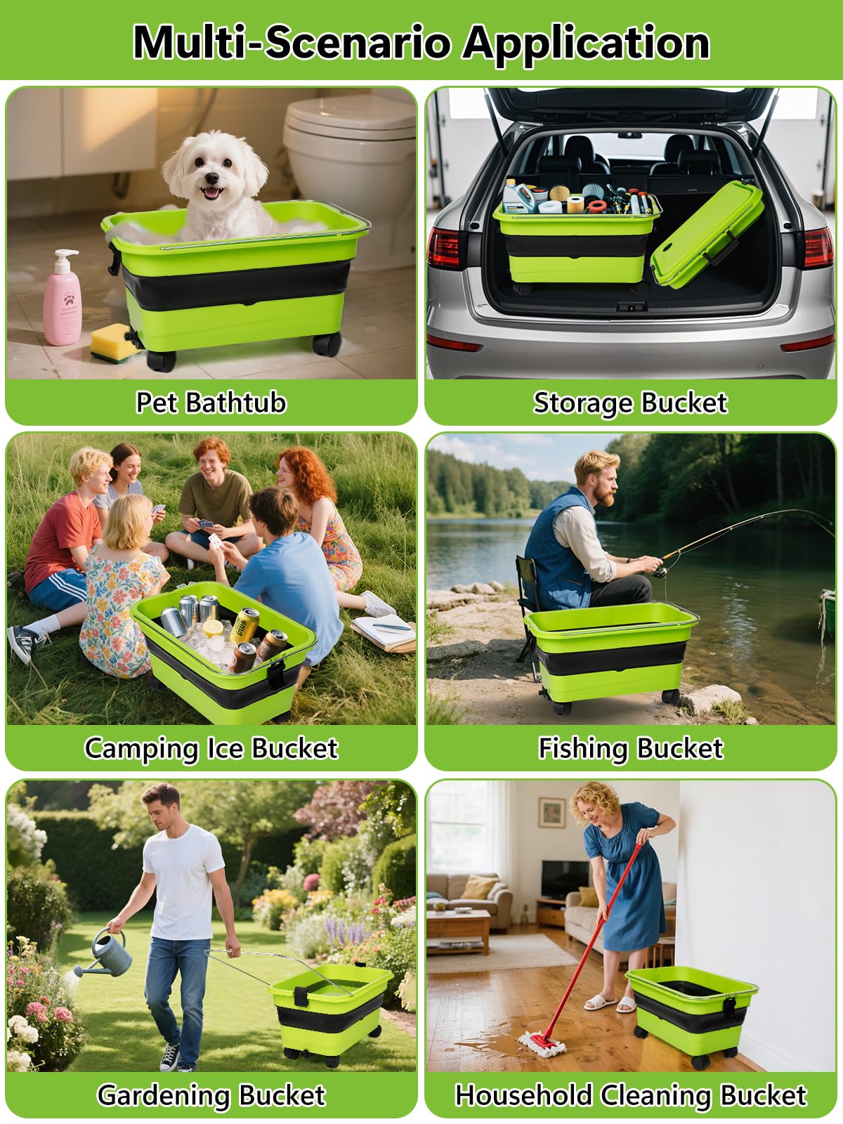 Collapsible Bucket 5.8 Gallon 22L with Wheels Handle Drain Plug Water Outlet and 2 Universal Connectors for Portable Pressure Washer Cordless Car Washing Camping RV Pet Bath Multi-Use