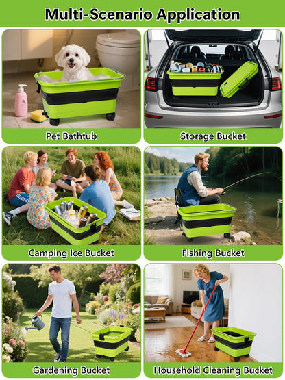 Collapsible Bucket 5.8 Gallon 22L with Wheels Handle Drain Plug Water Outlet and 2 Universal Connectors for Portable Pressure Washer Cordless Car Washing Camping RV Pet Bath Multi-Use