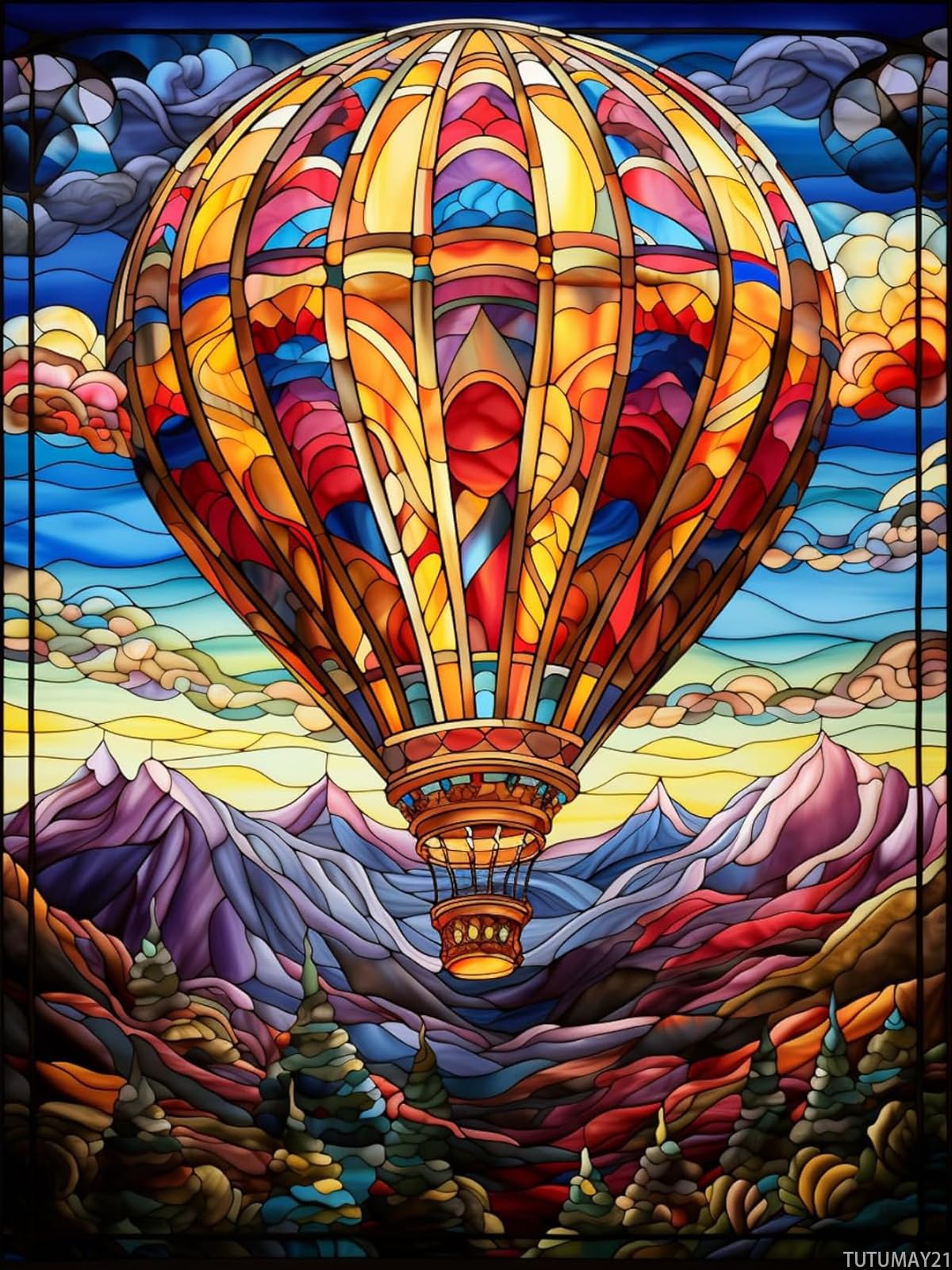 TUTUMAY21 5D Diamond Art Paint Stained Glass Hot Air Balloon Full Drill Diamond Art Painting by Number Kits for Adults Round Beads Mosaic Cross Stitch for Wall Decoration 12x16inch