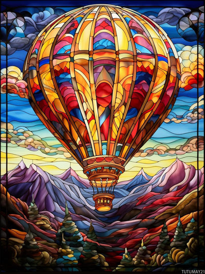 TUTUMAY21 5D Diamond Art Paint Stained Glass Hot Air Balloon Full Drill Diamond Art Painting by Number Kits for Adults Round Beads Mosaic Cross Stitch for Wall Decoration 12x16inch