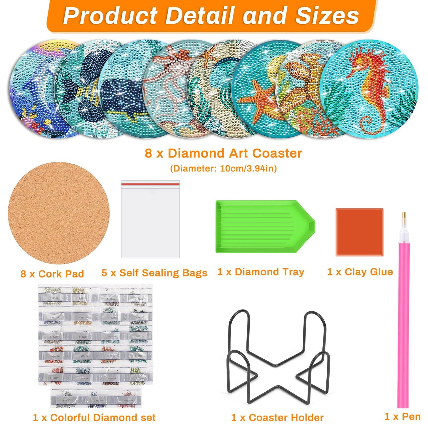 Billbotk 8 Pieces Diamond Painting Coasters Kit with Holder, Diamond Art Coasters, DIY Diamond Art Crafts Projects, Diamond Dot Kits for Adults and Beginners(Ocean Style)