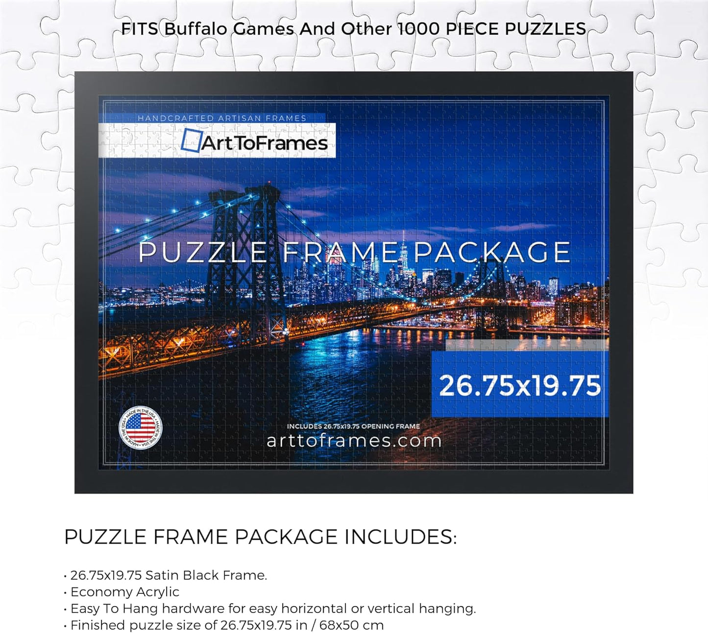 26.75x19.75 INCH/68x50 CM 1000 1.25 Inch (PuzzleFRBW26079-26.75x19.75) ArtToFrames Black Frame for Piece Puzzles.This