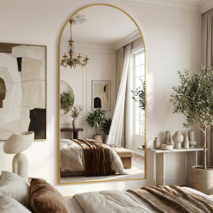 Suidia 86"x46" Arched Full Length Mirror with Stand, Full Body Mirror with Aluminum Frame, Freestanding/Leaning/Wall-Mounted, Floor Mirrors for Bedroom, Living Room, Entryway, Dressing Room, Gold