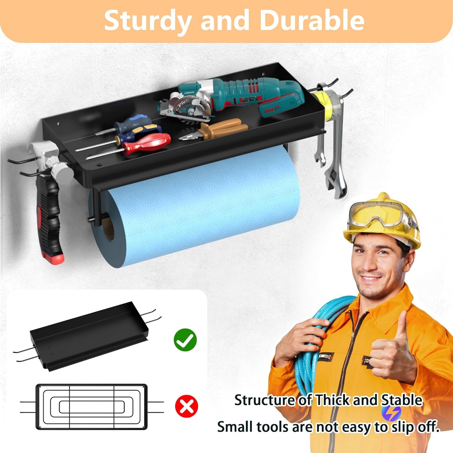 12 inch 2 SUNTECH Garage Paper Towel Holder with Shelf, One Hand Tear, Shop Paper Towel Holder, Paper Towel Holder Wall