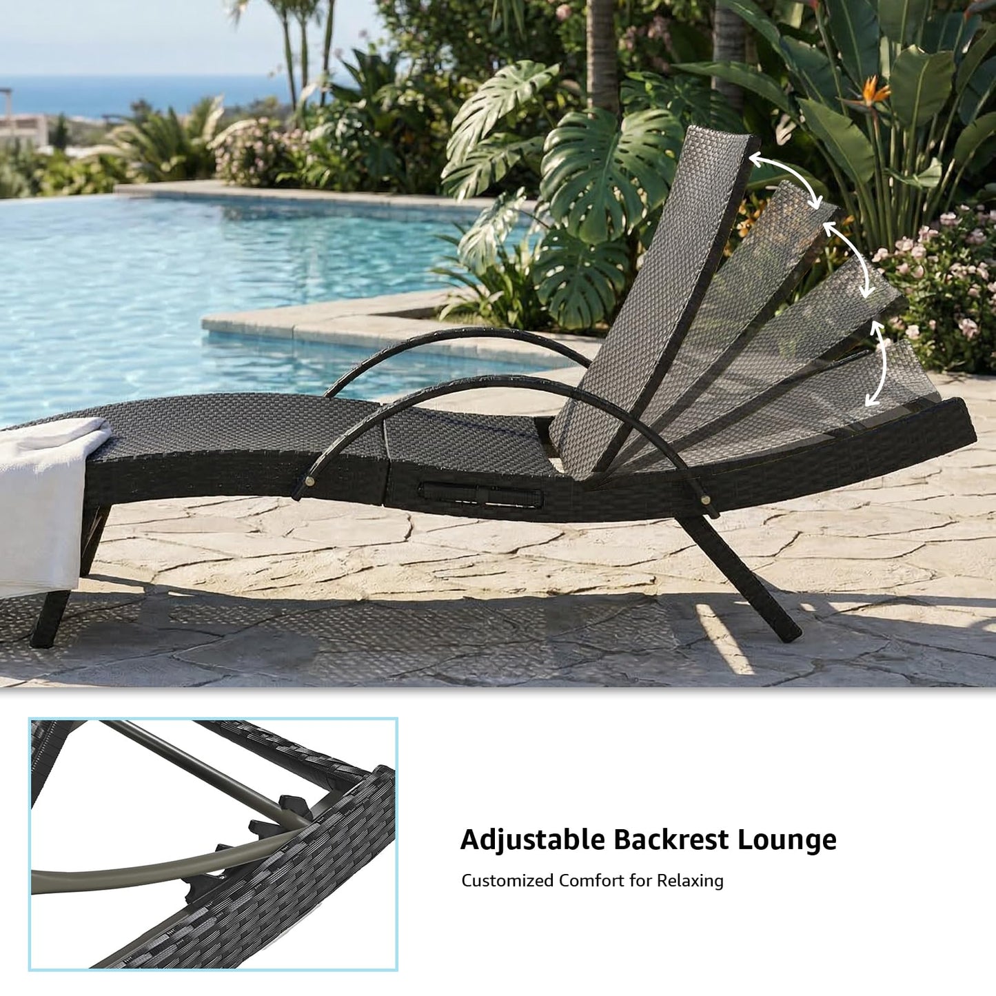 Sereniet 80.3" Outdoor Wicker Chaise Lounge Set of 2, with Pull-Out Side Table, Adjustable Pool Lounge Chairs, Patio Loungers for Balcony, Deck, or Backyard (Black)