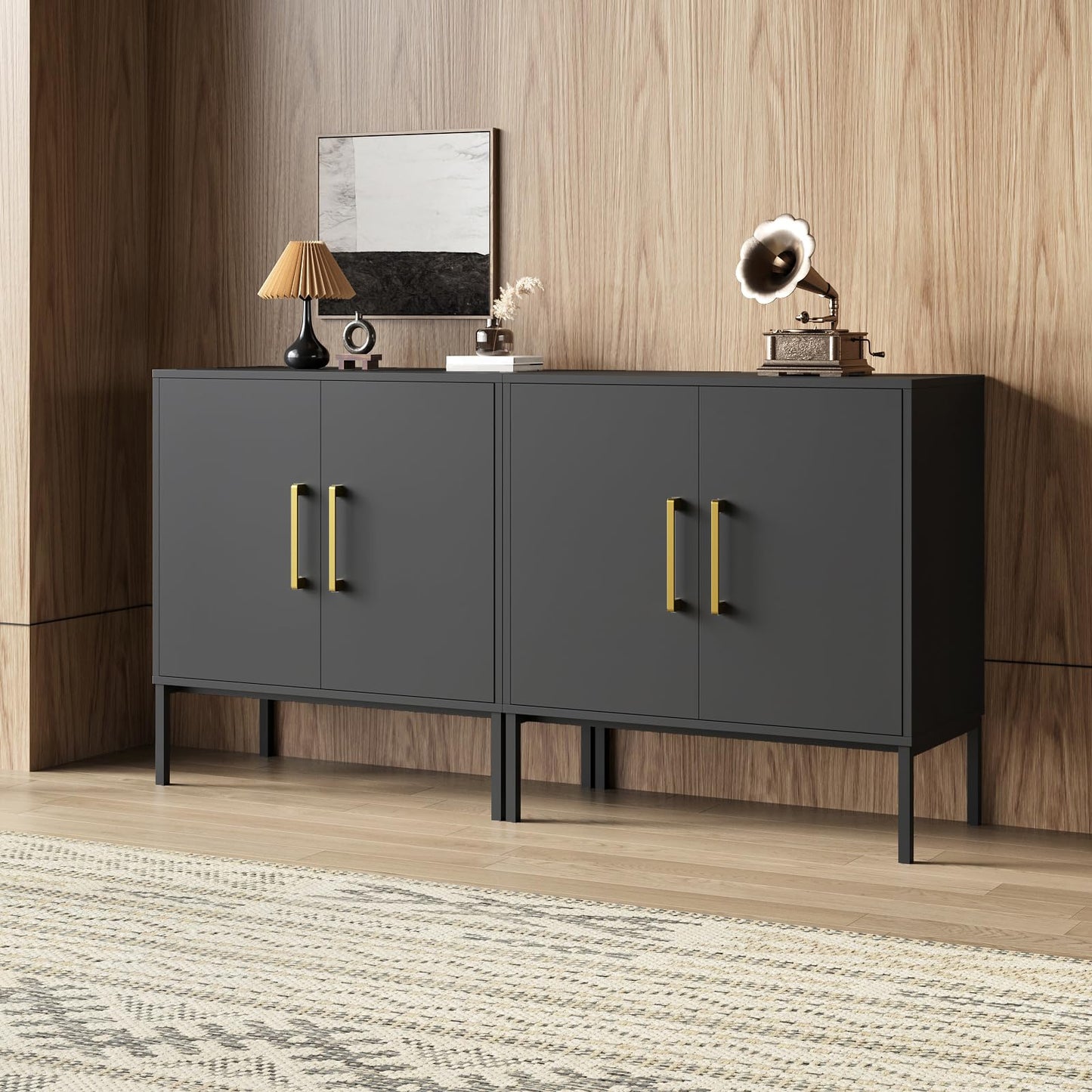 LYNSOM Storage Cabinet with Doors, Set of 3, Modern Buffet Cabinet with Storage, Kitchen Sideboard Buffet, Black Wood Accent Cabinet for Living Room, Bedroom, Hallway, Entryway, Office, Black