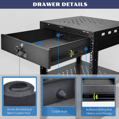 OCEANHUG 16U Server Rack Cabinet with Drawer & Full Size Rack Shelf - Integrated Top/Bottom Panels, 4 Rolling Wheels for 19" Equipment & Home Lab Studio