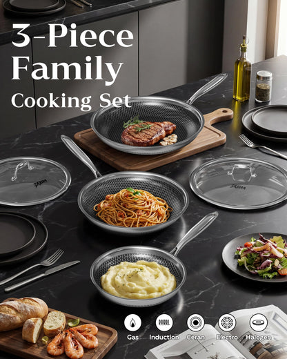 XBM Nonstick Frying Pan Set, 8+10+12 Inch, Honeycomb Stainless Steel Skillet Pans Set, PFOA-Free Scratch-Proof, Dishwasher & Oven Safe, Compatible with All Cooktops