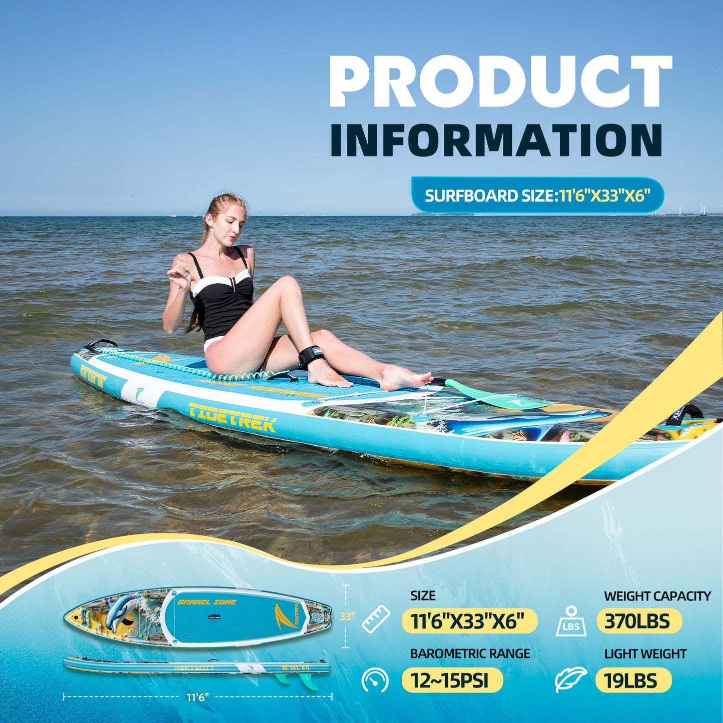 TIDETREK 11'/11'6" x 33"/34" x 6" Inflatable SUP Paddle Board – Extra-Wide, Stable Stand Up Paddle Board with Premium Full Accessory Set for Adults & Youth (Azure Leap/Kayak Seat, 11'6"x33"x6")