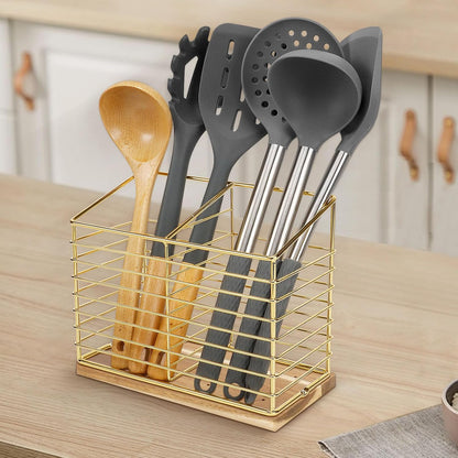 Metal Utensil Holder Rack for Kitchen Counter, Cooking Tools Storage Organizer with Sturdy Base and Drainage Hole (Gold