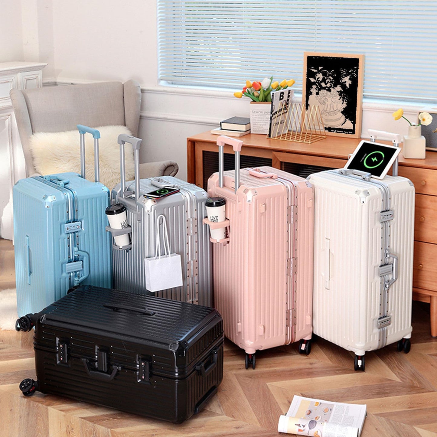 BEITH Hardside Luggage with USB, Type-C, Cup Holder, BS2298 Large Aluminum Frame Suitcase with 5 Wheels 360° Double Spinner, ABS+PC Alloy Box Shell, TSA Lock, Aluminum Lifting Rod, Durable
