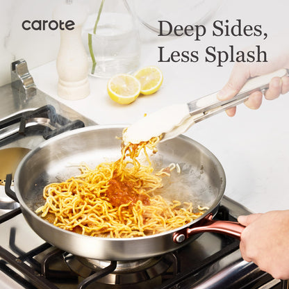 CAROTE 3-Piece Tri-Ply Stainless Steel Frying Pan Set, Skillet Set 8"/10"/12", Induction Compatible, Oven & Dishwasher Safe, Gold Handle