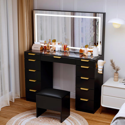 Fkhouse Glass Top Vanity Desk with Mirror and Lights, 11 Drawers Makeup Vanity with Stool, 3 Lighting Modes Dressing Table with Power Outlet, Golden Handles, Black