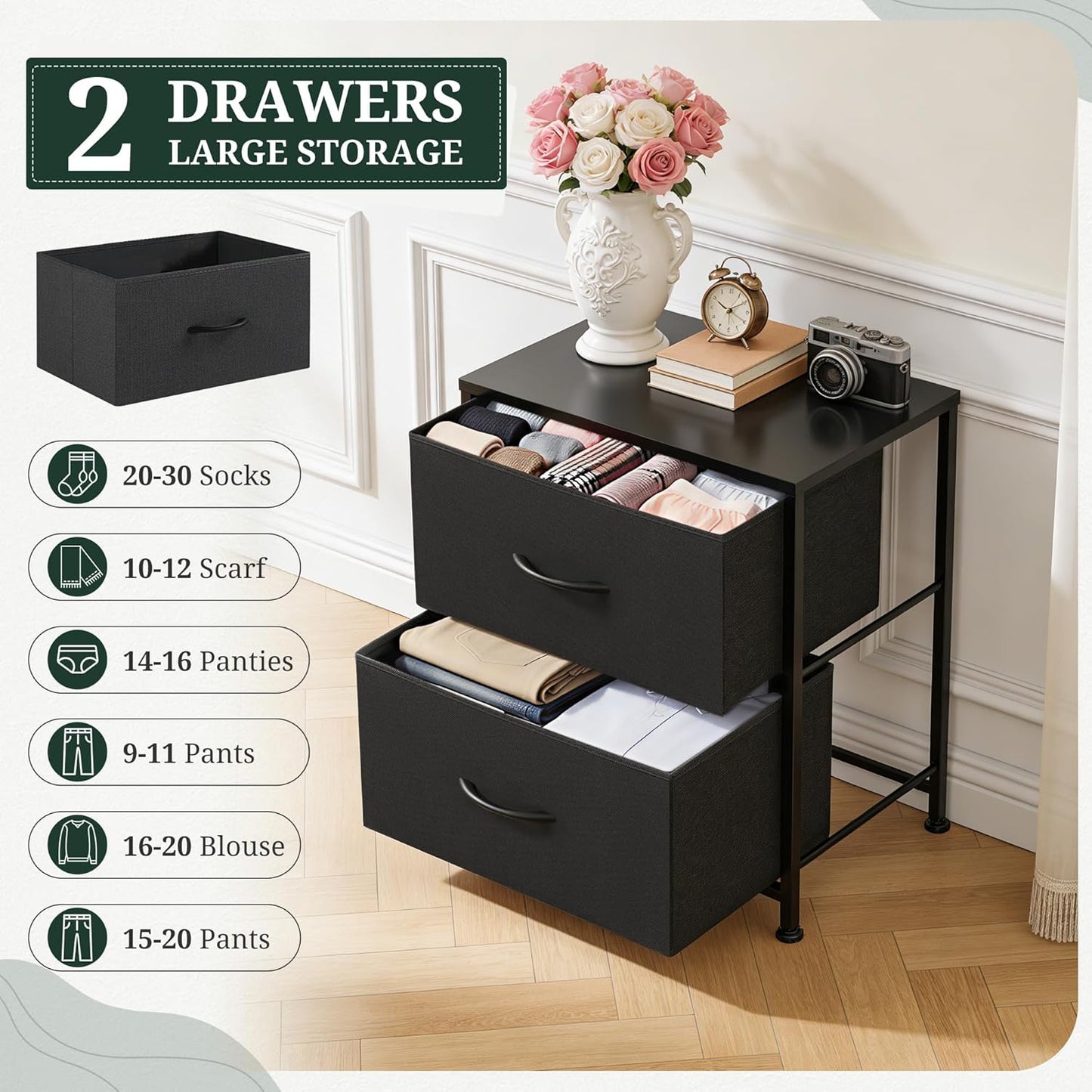 2 Closet, 11.8" 18" 20", Nightstand Upgraded, Small Drawer Dresser End Table Bedside Furniture, Wooden Top Fabric Bins