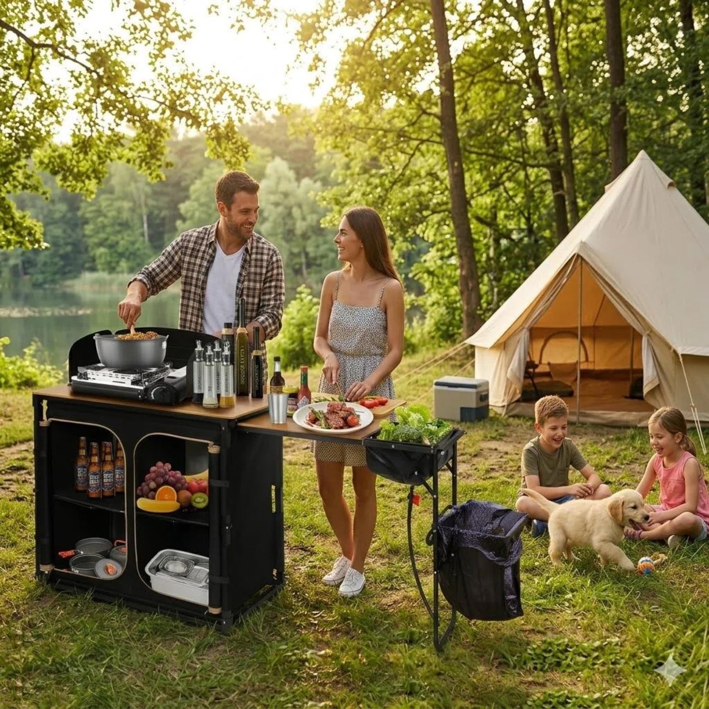 KingCamp Bamboo Camp Kitchen Table, Slide-Out Overland Table with 400L Storage, Portable Outdoor Prep Station with Sink, Windscreen & Lantern Pole for RV, Tailgating, BBQ