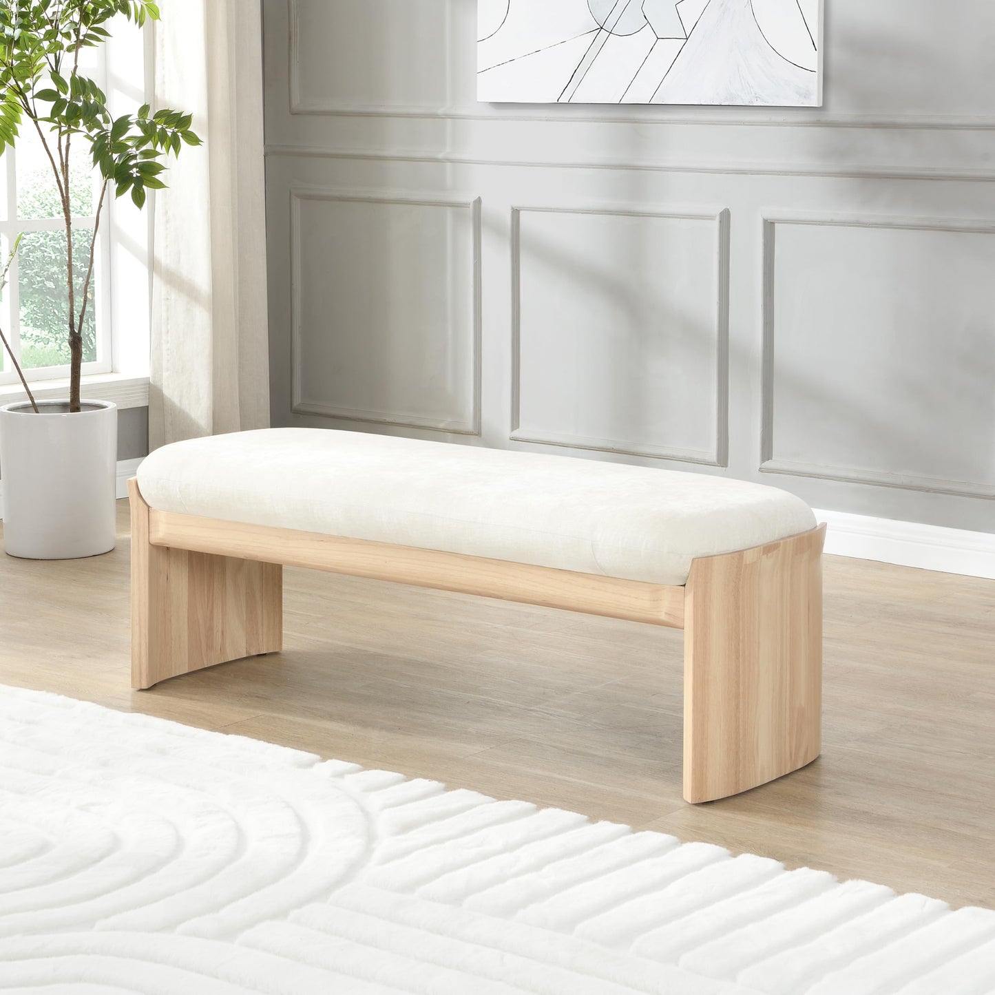 Christopher Knight Home Paxton Fabric Upholstered Ottoman Bench, Rectangular Foot Stools Ottoman, Entryway Wood Ottoman Footrest, Bedroom End of Bed Footstool,Living Room Sofa Extra Seat,Beige+Natural
