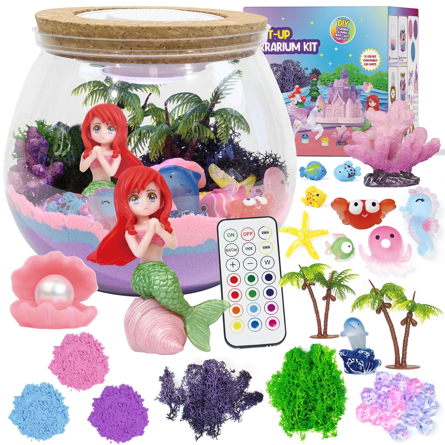lonfypeng Mermaid Terrarium Kit for Kids - LED Night Light Birthday Gift for Girls Ages 4 5 6 7 8-12 Year Old - Toys for Girl - DIY Arts and Crafts Kit for Kids - Best Girls Presents (Mermaid)