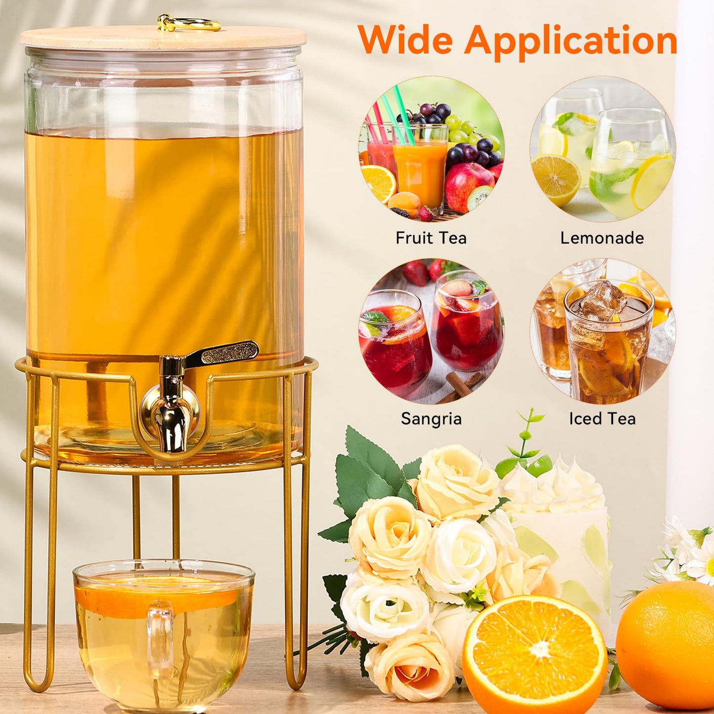 1 Gallon Drink Dispenser,2 Pack Glass Beverage Dispenser With Stand,Juice Containers with Lid for Party,Drink Dispensers for Parties With Spigot for Lemonade/Soda/Tea