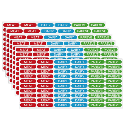 360PCS Kosher Labels for Kitchen, Color Coded Meat Dairy Pareve Stickers, PVC Material,1.25 x 0.27 Inch, Waterproof & Dishwasher Safe,Freezable and Microwavable