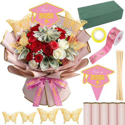 Silkovahamd Money Bouquet Kit Graduation 2026 - Graduation Gift Ideas Flower Gifts for Women, DIY Money Bouquet Wrapping Paper Ribbon, College High School Regalos de Graduación 2026