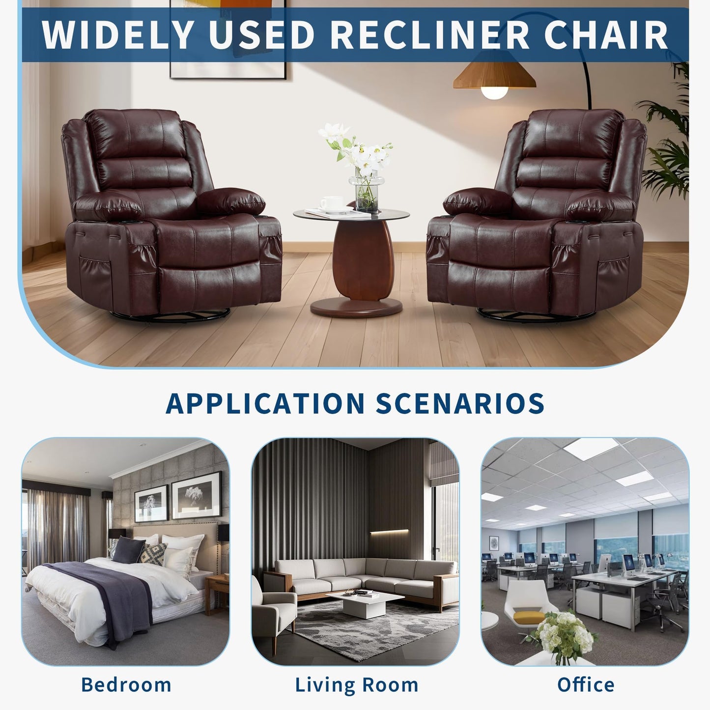 Rocking Recliner Chair for Adults PU Leather Wide Upholstered Glider Recliner with Cup Holder Deep Seat Single Sofa Rocker Chair for Nursery Living Room