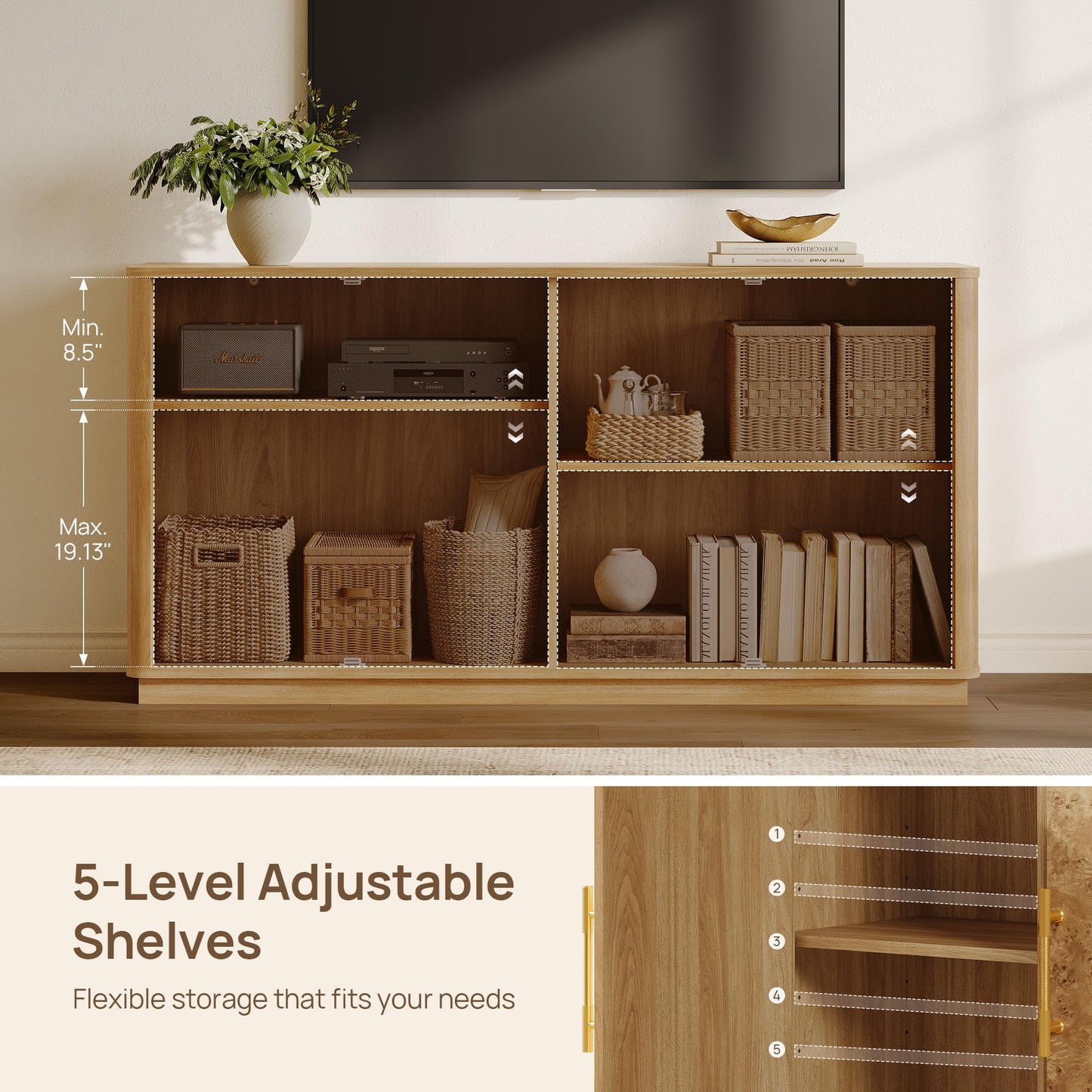 SICOTAS Buffet Cabinet with Storage - Burluxe 59" Sideboard Cabinet with 4 Doors Luxury Burl Storage Cabinet Accent Credenza Large Media Console Table for Living Room Dining Room Entryway Kitchen