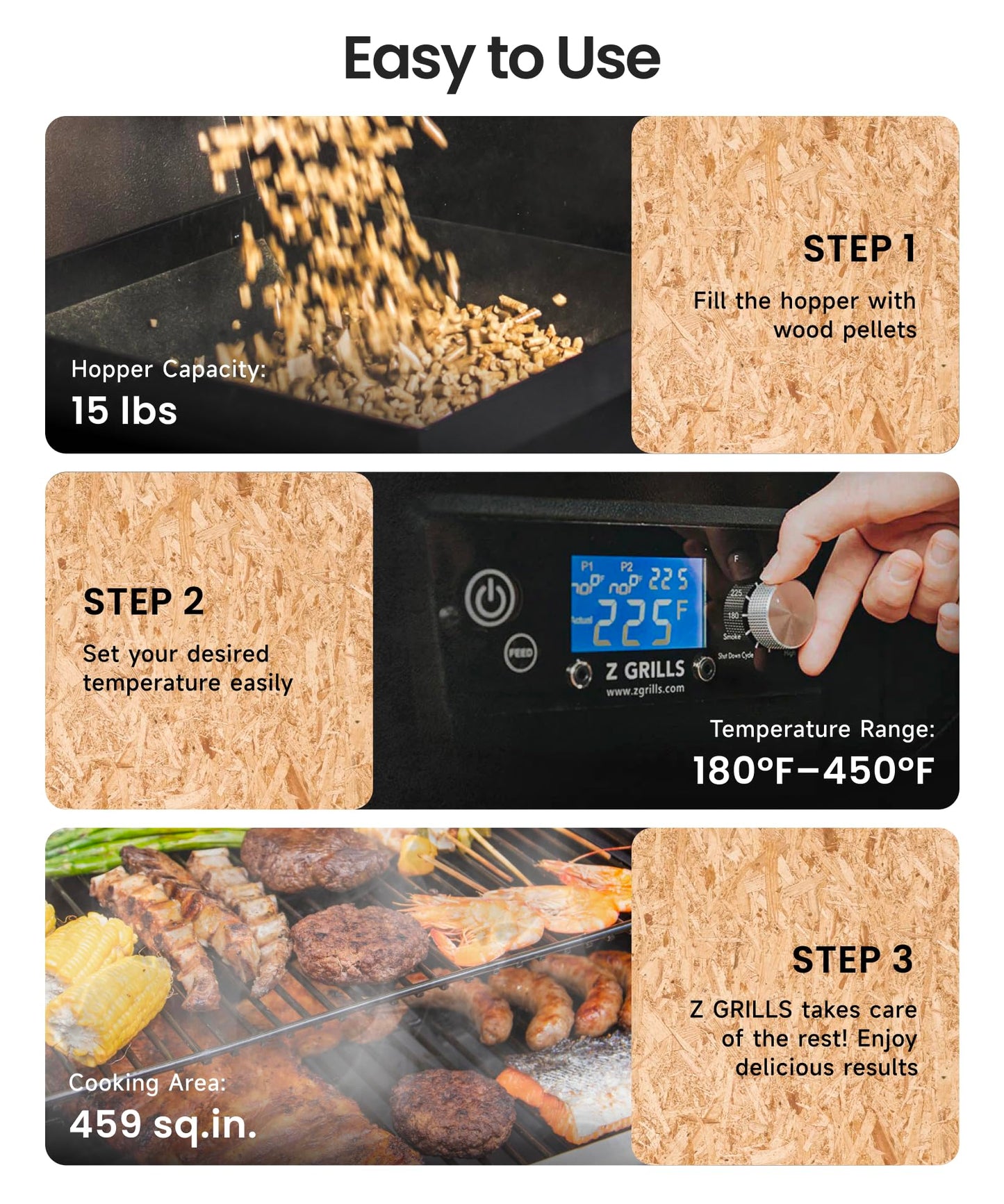Z GRILLS 450E Pellet Smoker Grill, Upgrade PID 3.0 Temperature Control (180-450°F), 459 SQ.IN Cooking Area, 8 in 1 BBQ Grill,Hopper Cleanout, Meat Probe, Rain Cover, for Backyard Camping