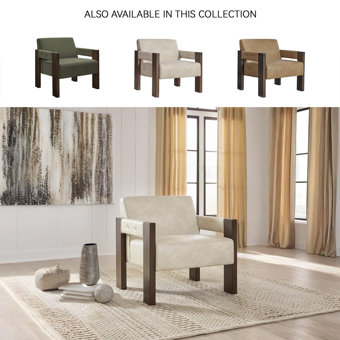 Signature Design by Ashley Adlanlock Contemporary Faux Leather Upholstered Solid Wood Accent Chair, Beige & Dark Brown