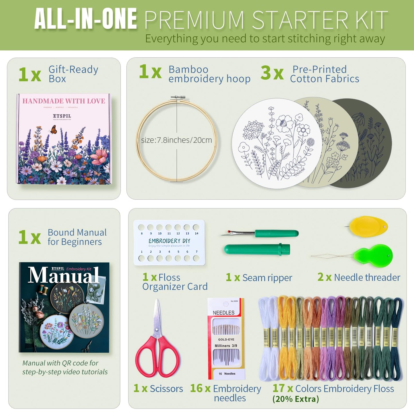 ETSPIL Beginner Embroidery Kit for Adults, 4K HD Video Tutorials, Pre-Printed Botanical Floral Designs, Essential Stitches & Bound Guide, Relaxing Screen-Free Activity for Women at Home