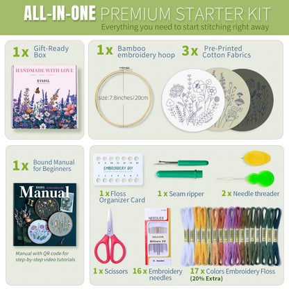 ETSPIL Beginner Embroidery Kit for Adults, 4K HD Video Tutorials, Pre-Printed Botanical Floral Designs, Essential Stitches & Bound Guide, Relaxing Screen-Free Activity for Women at Home