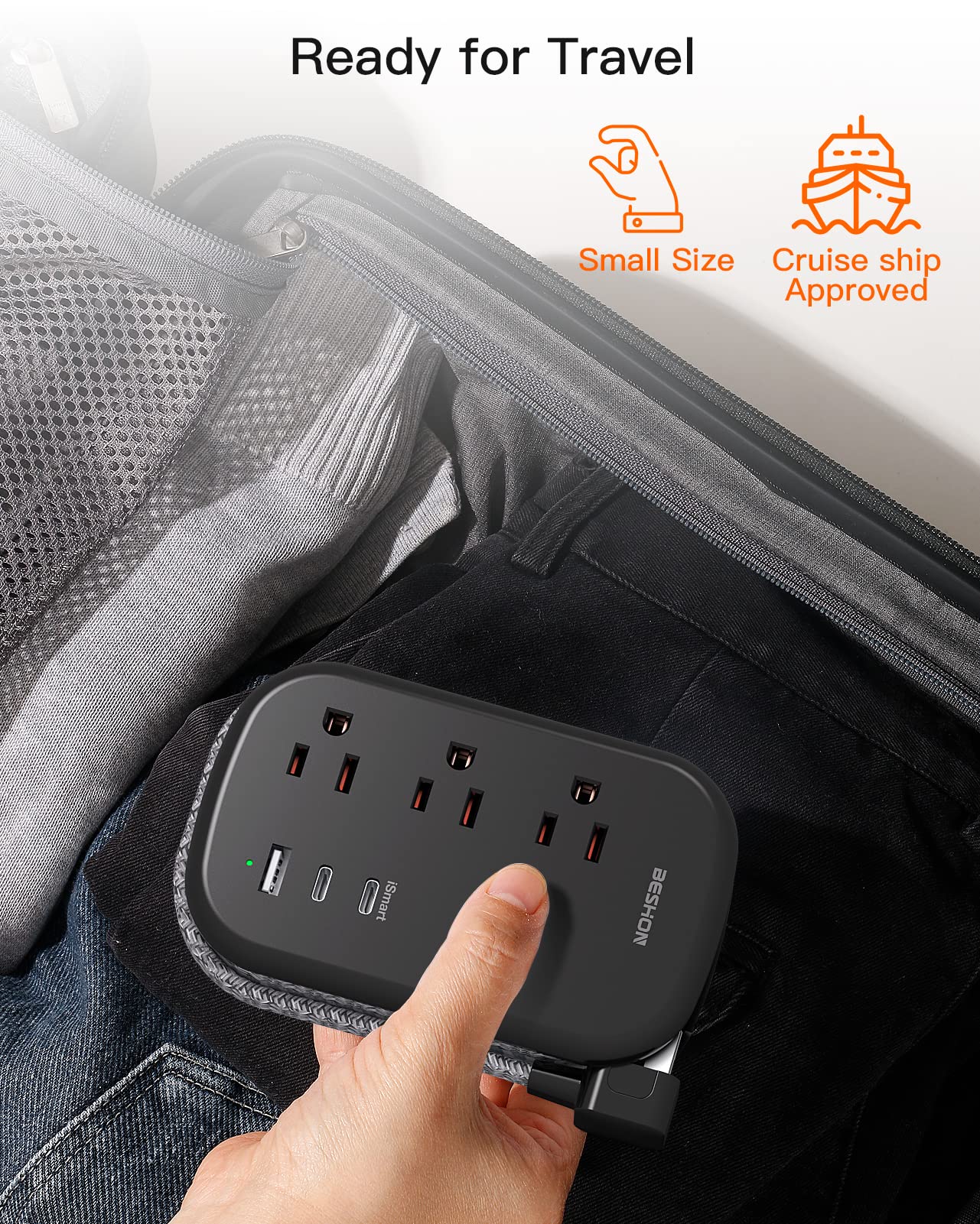 BESHON Flat Plug Power Strip, 3 Outlets with 3 USB Ports(2 USB C), Ultra Flat 3.2ft Wrapped Around Extension Cord for Cruise Ship, Travel, Dorm Room Essentials