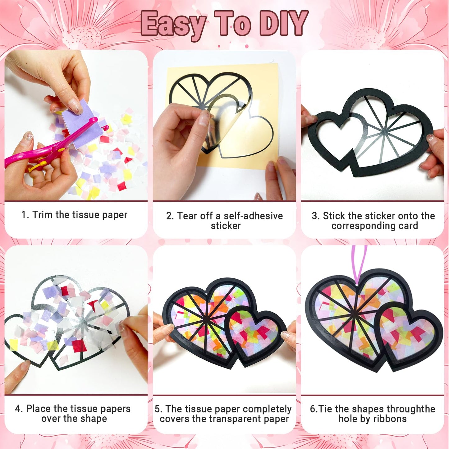 KOPOOEOE 48 Sets Valentines Day Suncatchers Craft DIY Heart Tissue Paper Crafts Kits Valentine Heart Hanging Decorations for Classroom Home Window Stained Glass Effect Art Supplies