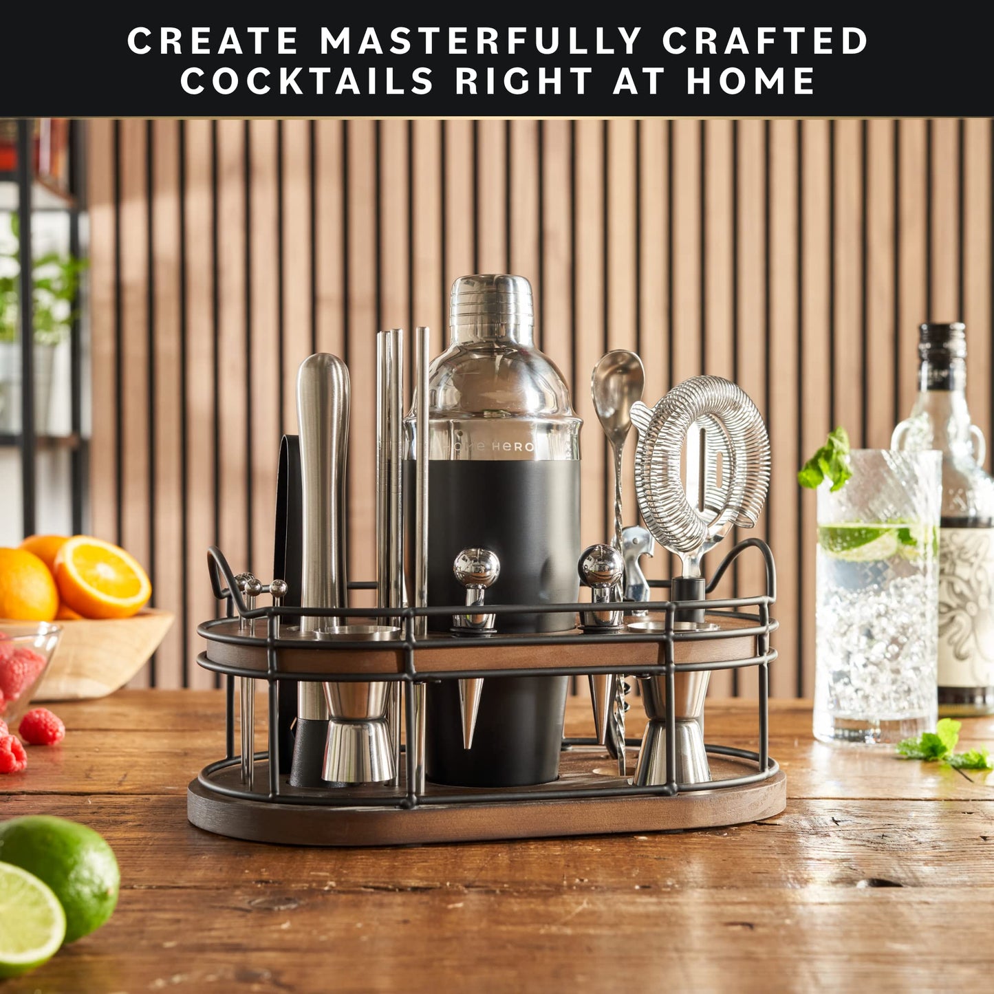 Home Hero Bartender Kit - 22-Piece Cocktail Shaker & Bar Tool Set - Wooden Stand Display & Bar Cart Accessories - Recipe Book & Housewarming Gifts - 22-Pc, Silver