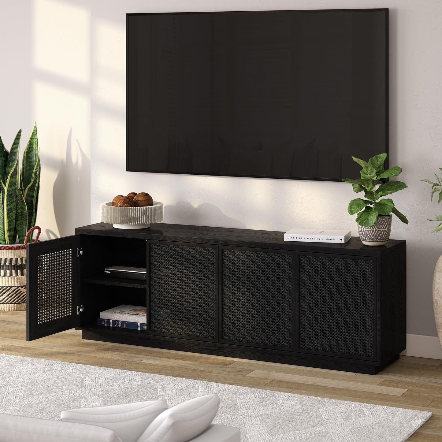 Henn&Hart TV Stand for TVs up to 78" with 2 Concealed Storage Cabinets, Rattan Insert Detailing, and Adjustable Shelves for Living Room, Family Room, or Office, Natural Black