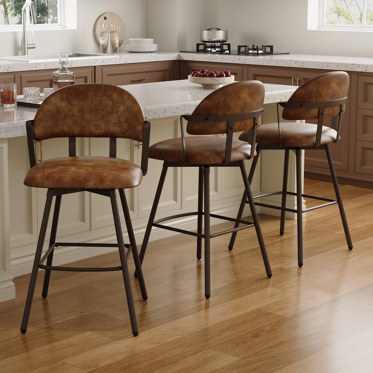 BFZ 26" Bar Stools Set of 3, Modern Swivel Counter Height Bar Chairs with Backs and Metal Legs, Faux Leather Upholstered Barstools for Kitchen Island, Dining Room