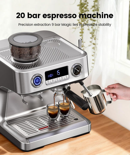 COWSAR Dual Boiler Espresso Machine with Grinder, 20 Bar Espresso Machines with Milk Frother, Espresso Maker with Removable Water Tank, Commercial Expresso Coffee Machines, Brushed Stainless Steel