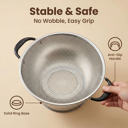 304 Stainless Steel Colander, 3 Quart Micro-Perforated Strainer with Heavy Duty Plastic Handles - Fast Draining Metal Basket for Rinsing Rice, Washing Vegetables, Draining Pasta - Dishwasher Safe