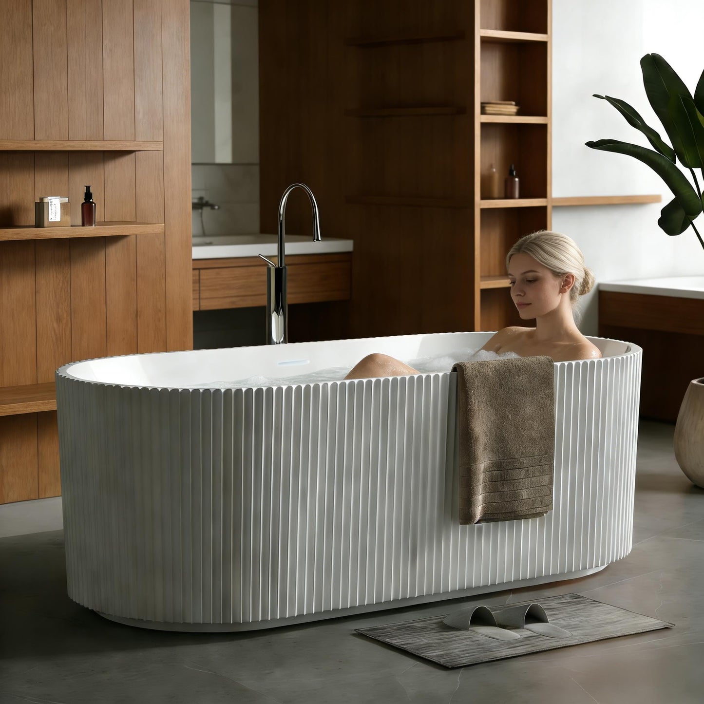 59" Acrylic Freestanding Bathtub, White Soaking Tub with Non-Slip Base, cUPC Certified Free Standing Tub, Chrome Drain Bath Tub, Modern Tub for Bathroom