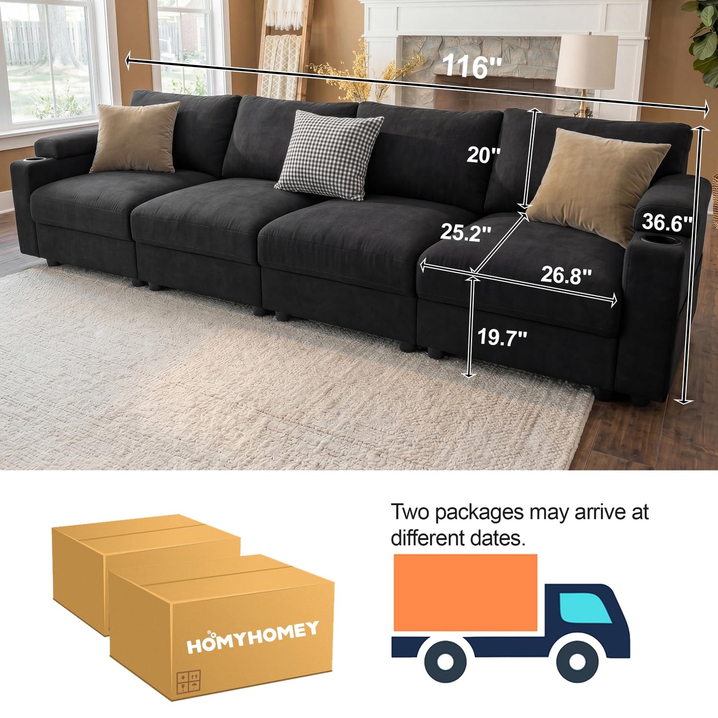 Sectional Couches for Living Room FSC Certified Velvet Modular Couch Oversized Cloud U Shaped Convertible Sleeper Sofa Chaise Detachable Armrest Cushion (Chenille Black, 4 Seat)