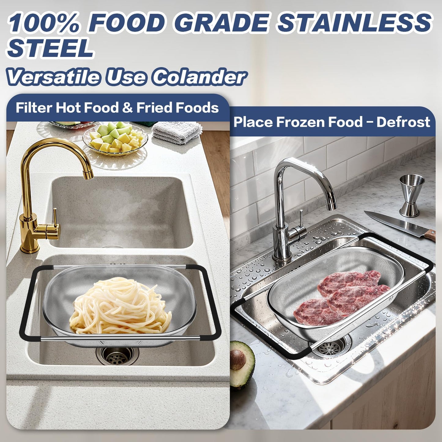 Over the Sink Colander, Expandable Strainers and Colanders with Fine Mesh, Colander for Kitchen with Rubber Grip for Draining Pasta, Vegetables and Fruits - Essential Kitchen Sink Strainer
